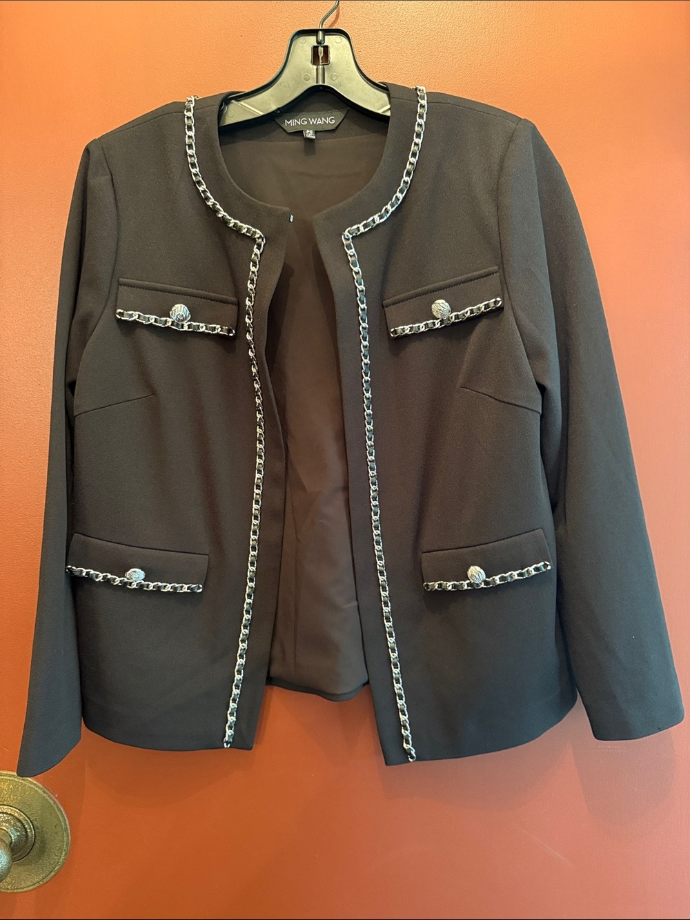 Ming Wang Black Chain-Trim Open-Front Blazer